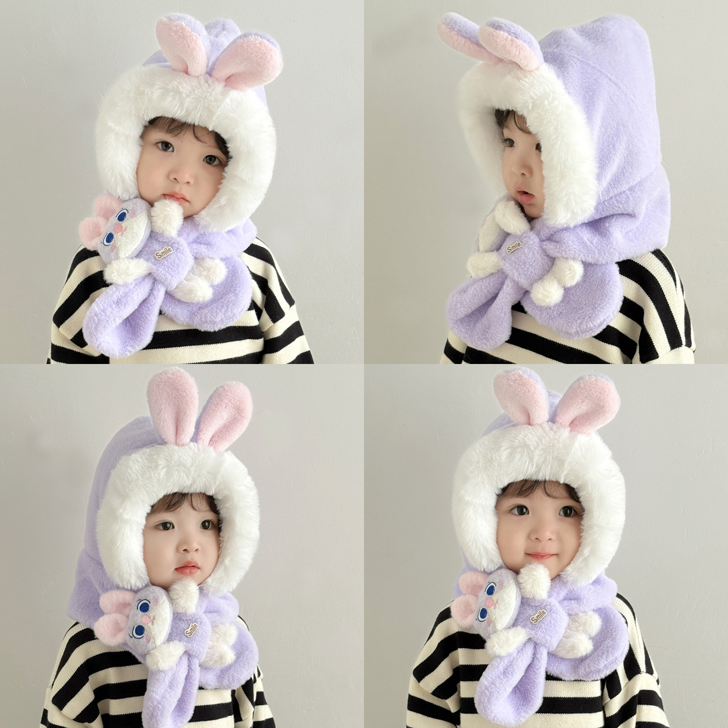 可爱兔子儿童毛绒帽子围巾一体冬季男童女孩宝宝骑车加厚保暖防寒,淘宝优惠券,粉丝福利购,淘宝优惠卷