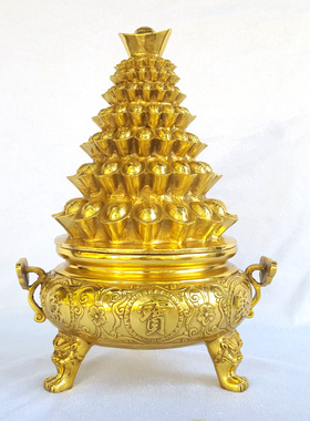 全铜聚宝盆黄铜如意狮头炉聚财纳福客厅旺铺风水摆件承接定做铜器