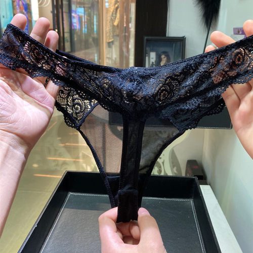 性感黑色透明超薄丁字裤欧美风内裤黑色中腰蕾丝T裤女 - 图0