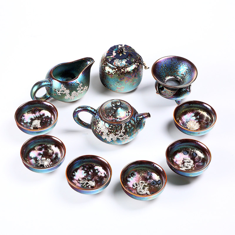 台湾窑变天目七彩孔雀鎏金镶银茶具陶瓷整套陶瓷银鱼杯茶具套装,淘宝优惠券,粉丝福利购,淘宝优惠卷
