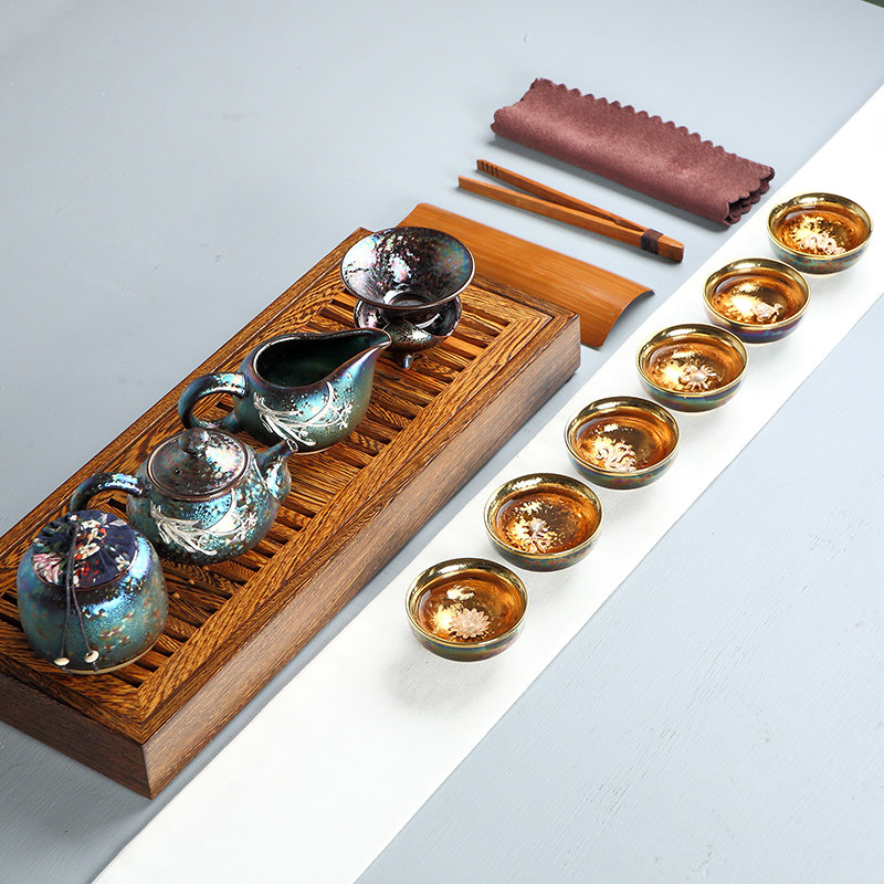 台湾窑变天目七彩孔雀鎏金镶银茶具陶瓷整套陶瓷银鱼杯茶具套装,淘宝优惠券,粉丝福利购,淘宝优惠卷