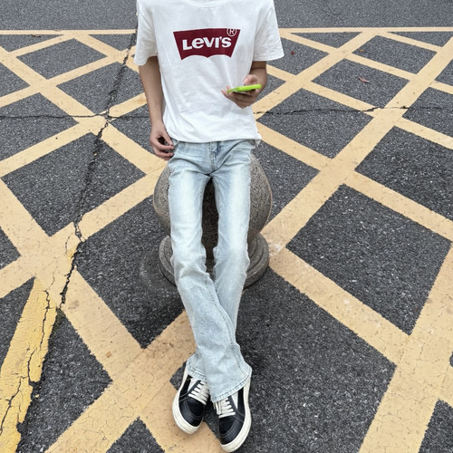 美式水洗浅蓝cleanfit牛仔裤微喇修身显瘦复古vintage517长裤子男 - 图0