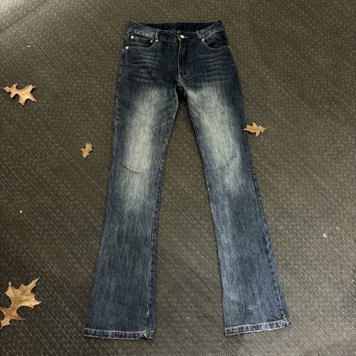 【包邮】海森堡bootcut复古蓝竹节褪色洗水做旧微喇版型牛仔裤男 - 图0