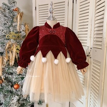 Christmas year goods red girl plus suede dress Dress Bright Sheet Net Yarn Fluffy Princess Dresses Dress Gold Velvet Dresses