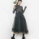 Temperament A-line large hem cashmere sweater mesh dress