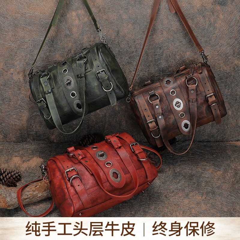 法缇斯个性机车复古风手工波士顿包 法缇斯女士包袋