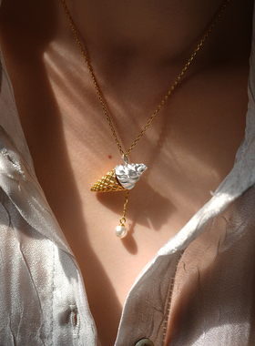 项链S925银宝盒冰激凌复古珍珠