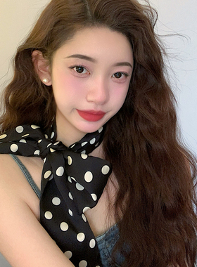 黑色波点丝巾轻奢高档女系脖长条