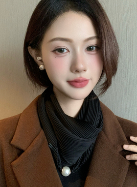压皱纯色磁吸扣珍珠项链丝巾女冬
