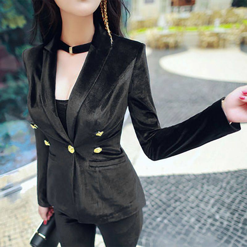 套装女2023新款西服女外套洋气金丝绒套装女两件套微喇叭裤高腰潮,淘宝优惠券,粉丝福利购,淘宝优惠卷