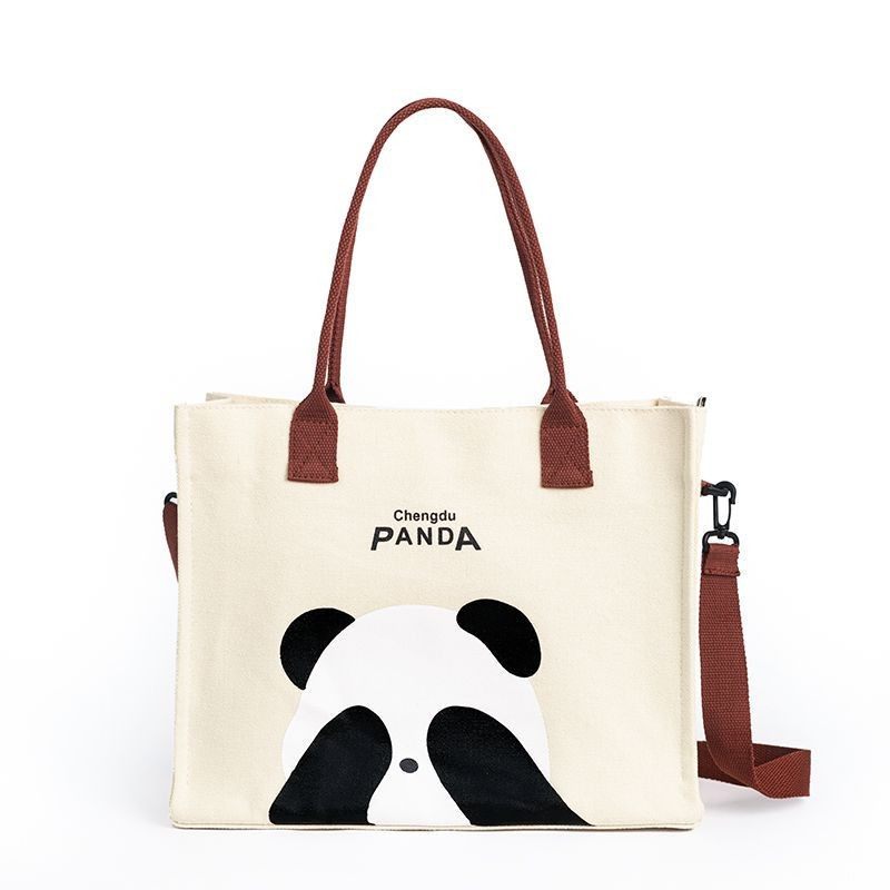 可爱新款学生熊猫印花大容量可装A4通勤帆布包单肩包女布包提花,淘宝优惠券,粉丝福利购,淘宝优惠卷