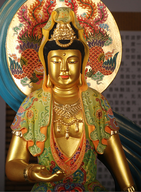 迎善永安香樟木雕彩绘自在观音