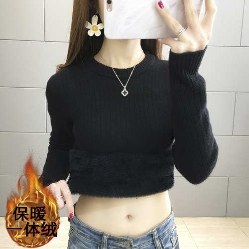 加绒加厚圆领一体绒毛衣女上衣秋冬针织衫2025修身打底衫内搭长袖 - 图3