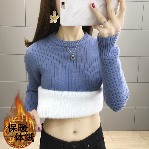 加绒加厚圆领一体绒毛衣女上衣秋冬针织衫2025修身打底衫内搭长袖 - 图0