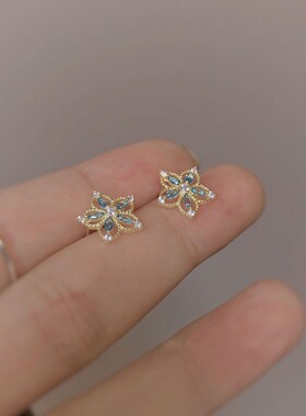 【路边野花】蓝金边兰花镀S925银仿海蓝宝耳钉镂空花朵精致耳环女