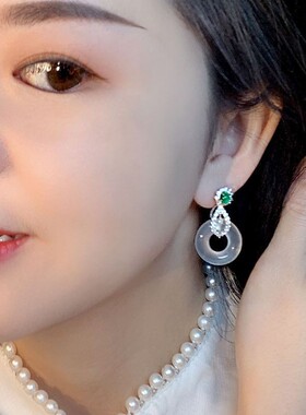 镀S925银镶仿天然玉石水沫子耳钉冰种玉髓平安扣耳饰玉髓耳环女