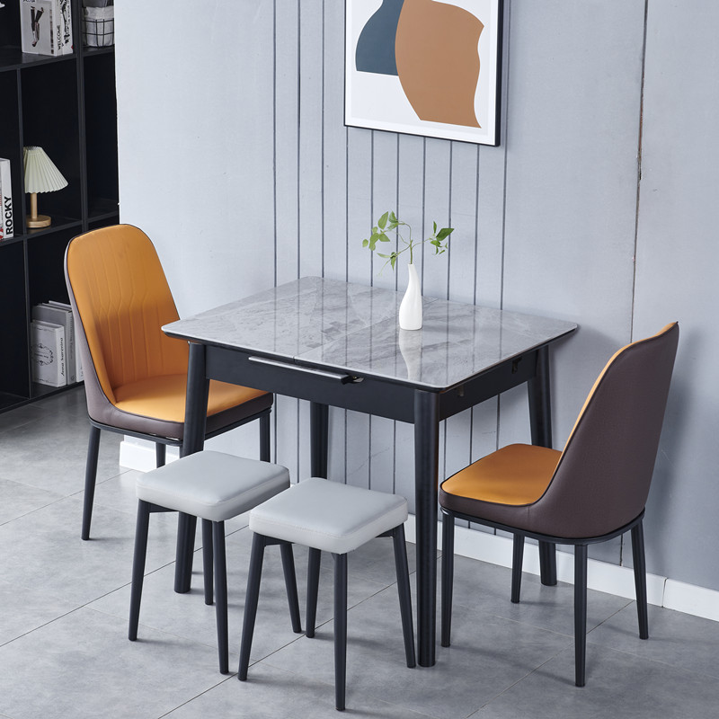 意式亮面岩板餐桌可伸缩家用小户型现代简约轻奢长方形餐桌椅组合