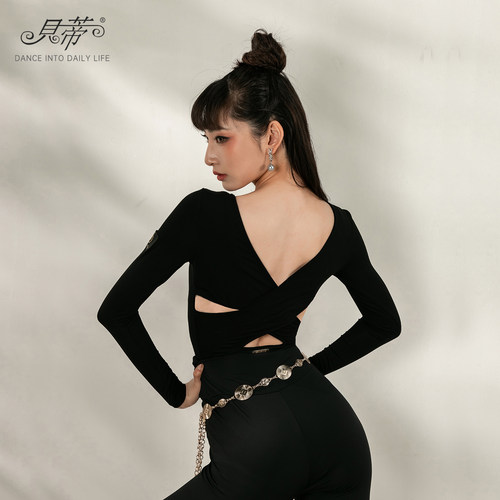 拉丁舞服专用练功服女上衣服装舞衣网纱新款成人春夏黑色短袖YS49 - 图3