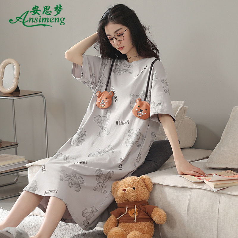 女士纯棉短袖中长款宽松可爱睡裙 安思梦睡裙