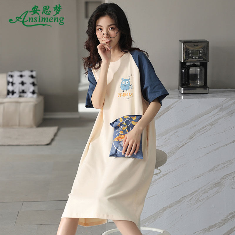 纯棉睡裙夏天中裙宽松短袖连衣裙 安思梦睡裙