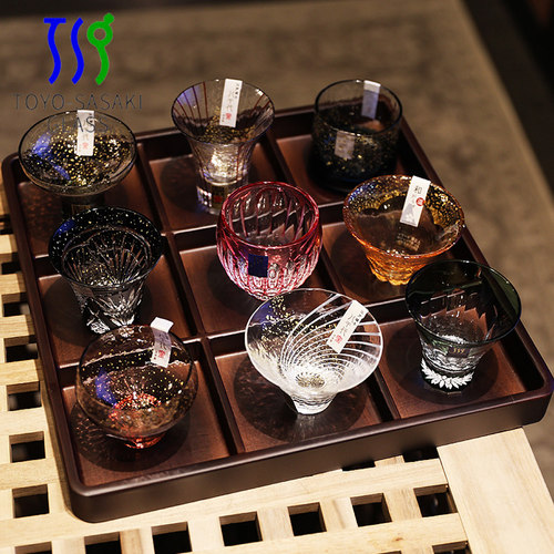 日本进口水晶玻璃手工八千代切子金箔清酒杯冰酒果酒杯9宫格套装 - 图3