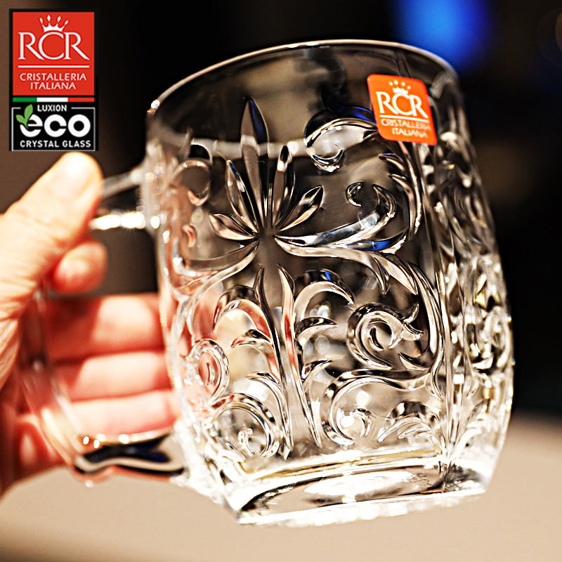 意大利进口RCR水晶玻璃杯刻花马克杯带把水杯牛奶杯茶杯果汁杯子