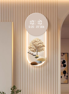 奶油风发财树客厅钟表发光挂画