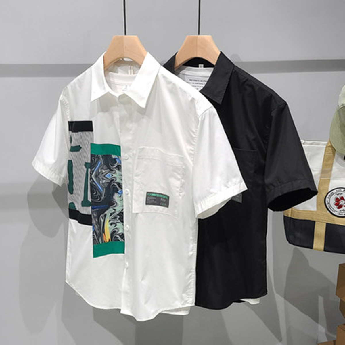 衬衫短袖男小众设计高级感印花翻领口袋2023新款夏季衣服纯棉衬衣_虎窝淘