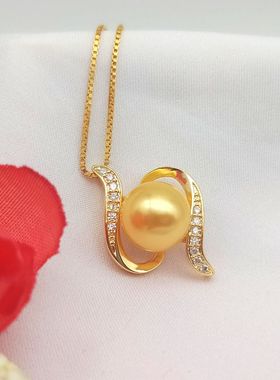 正圆茶金色母贝珍珠吊坠项链 单颗女 S925银链 送女友闺蜜礼物