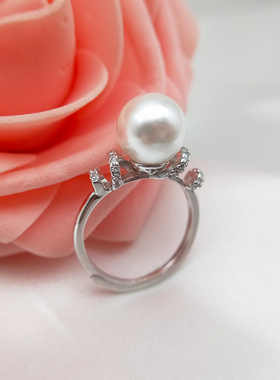 正圆日韩风水钻925银珍珠戒指