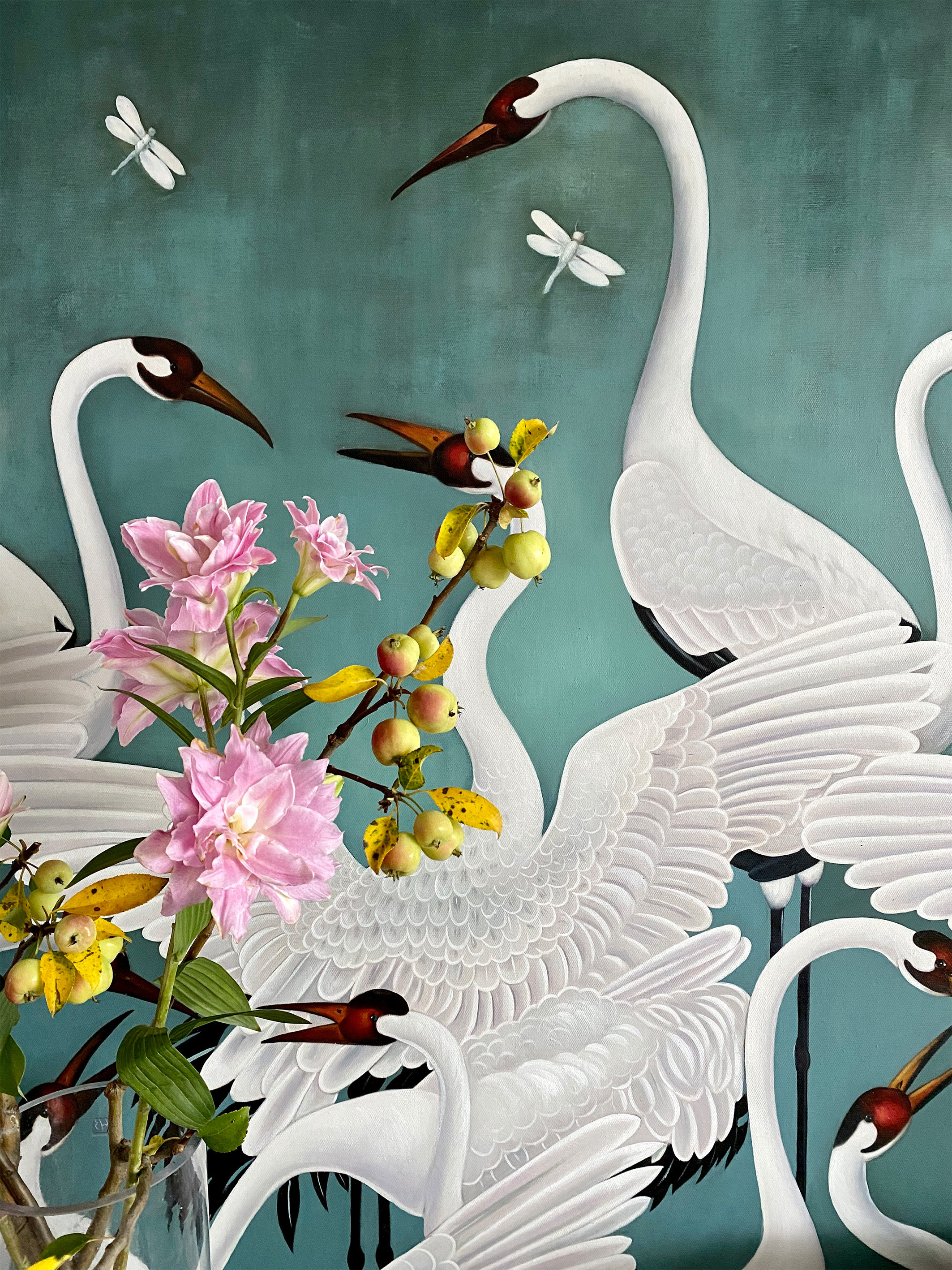 luxury art仙鹤艺术品手绘油画超大幅细致工笔"鹤绿"装饰玄关画