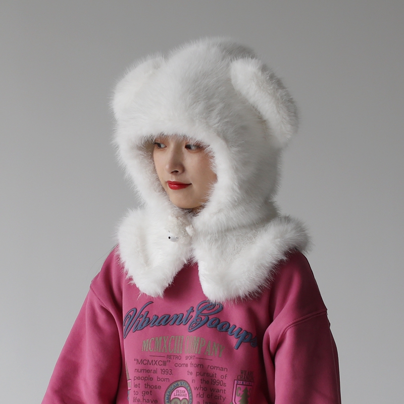 温暖毛绒帽冬天小熊帽子连围脖一体可爱娃娃领护颈肩护耳防寒防风 - 图2