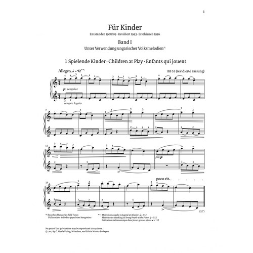 亨乐原版 巴托克 献给孩子们卷一 1946年修订版 Bartók Für Kinder (rev. 1946) I für Klavier solo HN1225 - 图1