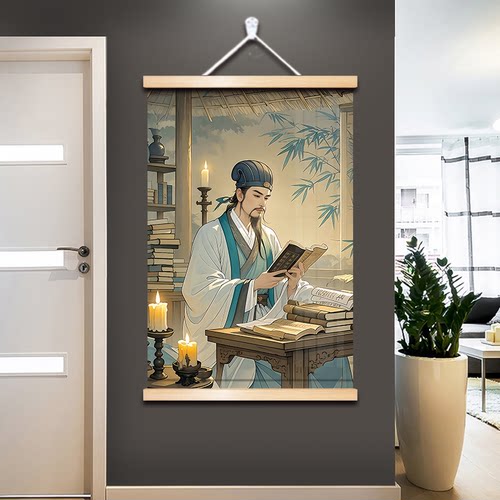 诸葛亮画像茅庐夜读客厅办公室装饰中式励志创意卷轴画挂画高清 - 图1