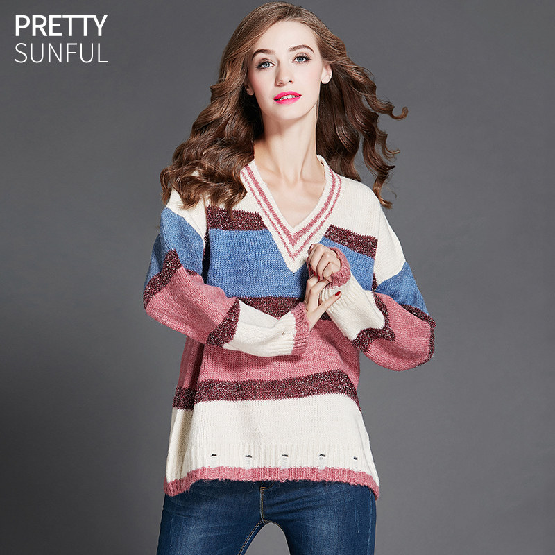 2018秋冬新款v领慵懒风高丝毛衣 prettysunful毛衣