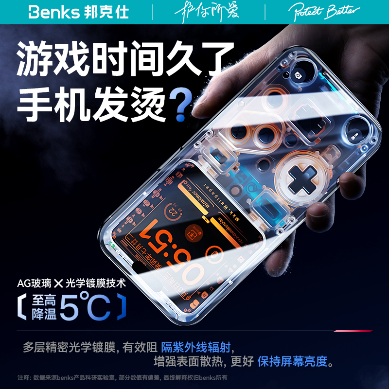 Benks适用苹果15promax电竞磨砂膜iphone14游戏钢化膜13新款12微砂十五防指纹plus保护贴膜仓全屏覆盖防摔舱-图1