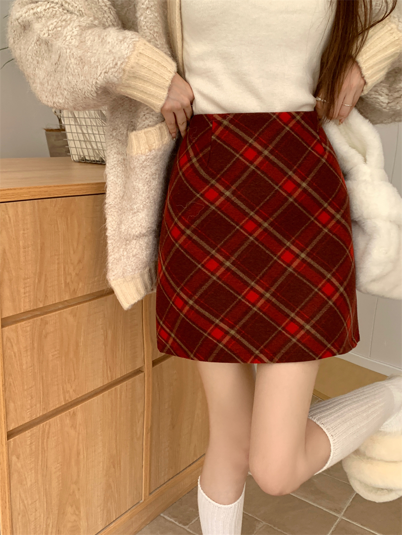 大码红色毛呢格子裙半身裙秋冬女胖mm包臀裙短裙高级感超好看半裙 - 图2