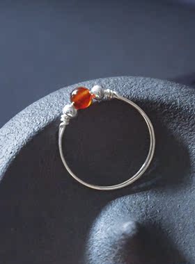 【招财】999足银手工戒指女红玛瑙招财胖手大号细款小指简约尾戒