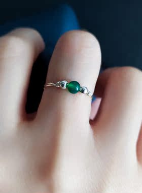 【护佑健康】999足银手工戒指女绿玛瑙健康胖手大号细款小指尾戒