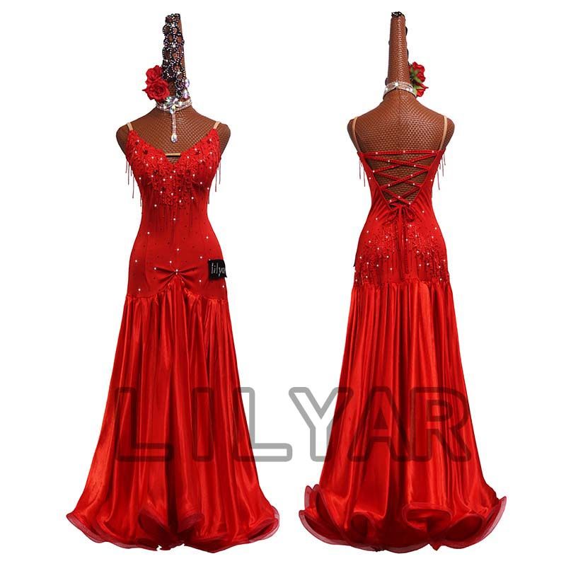 新款高档摩登舞比赛服演出服表演服大摆鱼骨卷边舞裙红色绣花水晶,淘宝优惠券,粉丝福利购,淘宝优惠卷