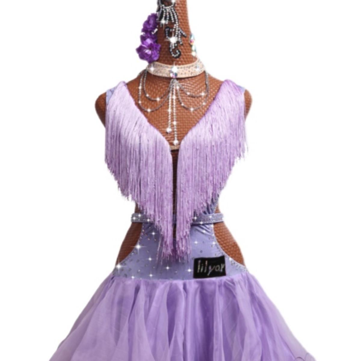 拉丁舞青少年女少儿比赛服演出服表演服舞裙镂空浅紫色流苏百褶裙 - 图3