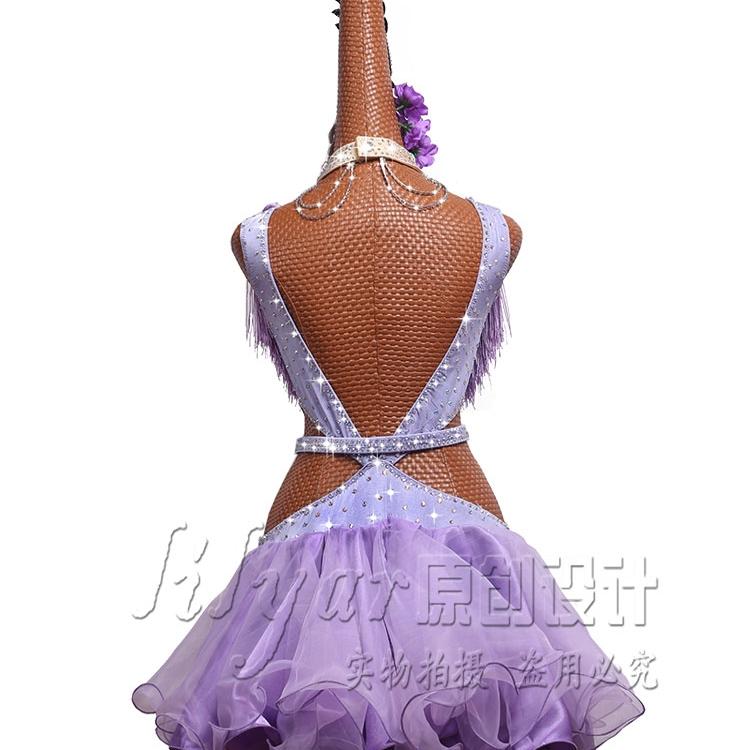 拉丁舞青少年女少儿比赛服演出服表演服舞裙镂空浅紫色流苏百褶裙 - 图2