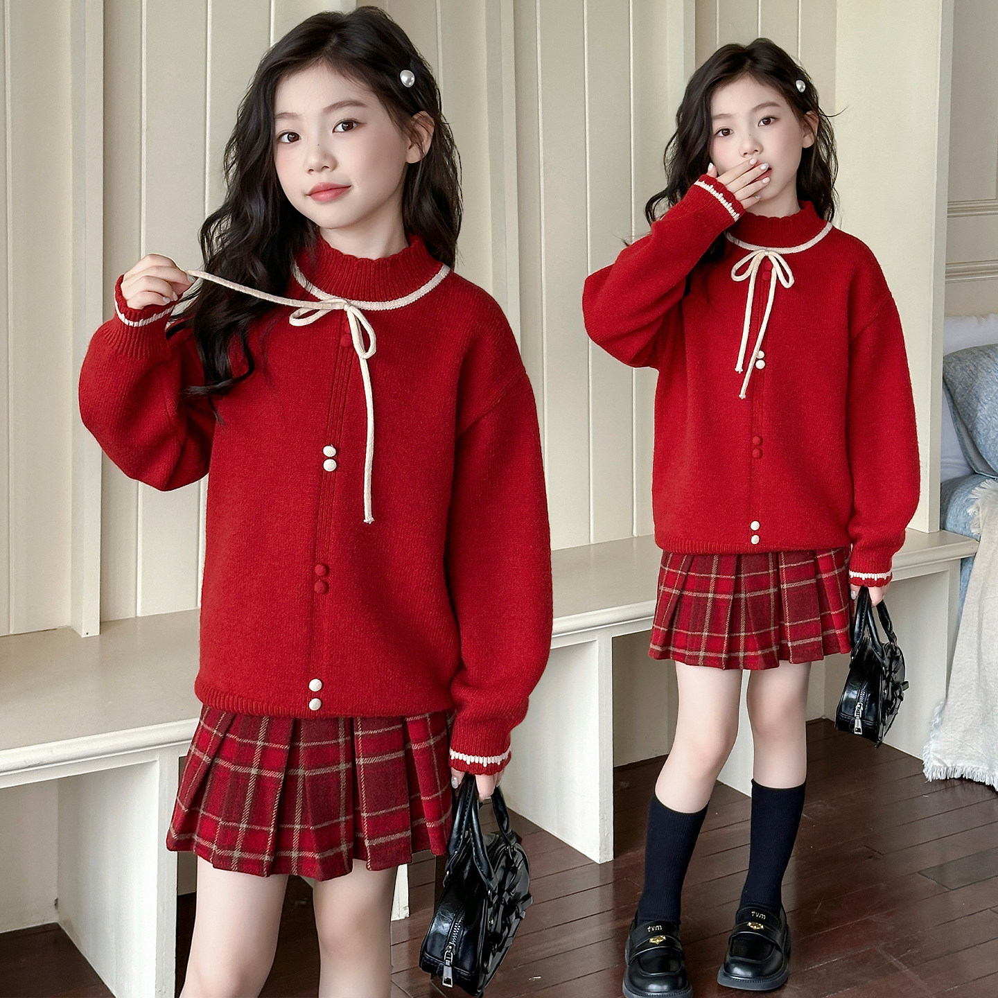 女童毛衣半身裙套装秋冬加厚时髦2025新款女孩红色新年裙子两件套,淘宝优惠券,粉丝福利购,淘宝优惠卷