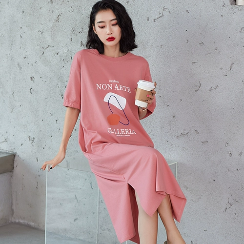 Пижама, хлопковая длинная юбка, тонкое летнее длинное платье, средней длины, большой размер, короткий рукав