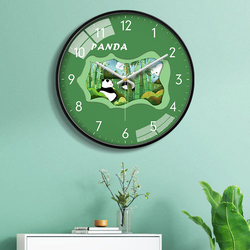 儿童挂钟熊猫钟表客厅家用卡通卧室静音电子挂表现代简约挂墙装饰 - 图1