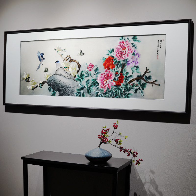 新中式横版牡丹花开沙发背景墙电视墙客厅装饰画手工苏绣刺绣挂画