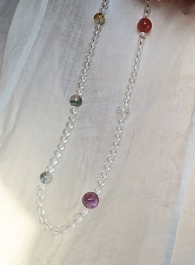 颈间光彩  天然白水晶多巴胺星球海蓝宝赵露思同款三圈多宝项链