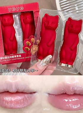 来财猫唇膏套盒红色猫咪造型保湿