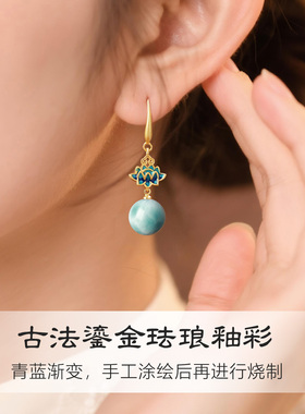 天然海纹石耳环拉利玛蓝色宝石莲花耳坠2026新爆款轻奢高级感耳饰