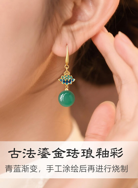 静心莲花珐琅彩耳环天然非洲翠耳坠帝王绿翡翠绿色2026新爆款耳饰